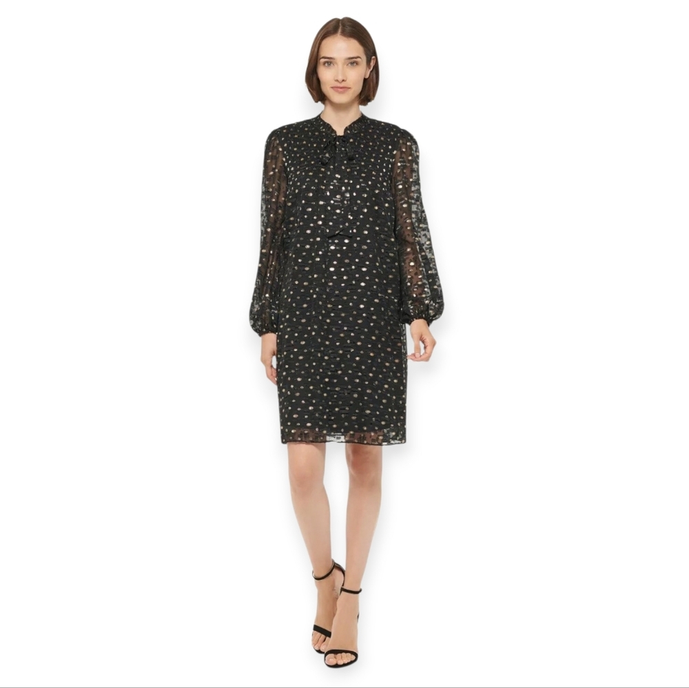 DKNY Metallic Gold Foil-Dot Pleated Chiffon Shift Dress – Size 16